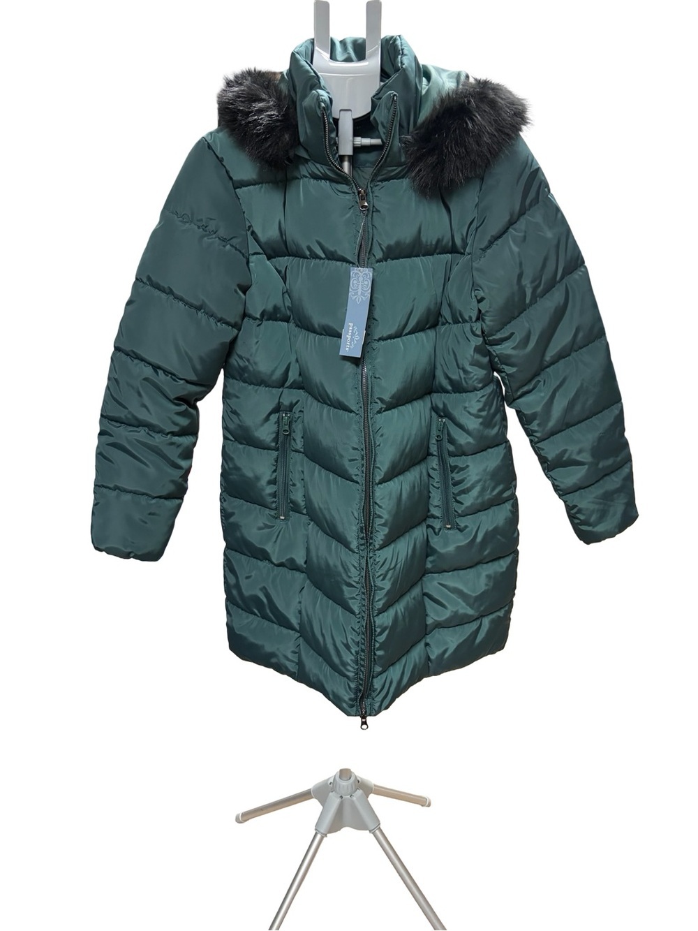 Passport Dark Green Women's Puffer Coat with Faux Fur Hood